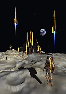 Space Exploration Artwork Prints: A human base and space rockets taking off on the moons surface