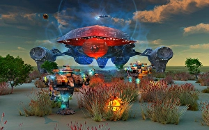Space Travel Technology Prints: Humans using advanced spaceship technology to explore alien exoplanets