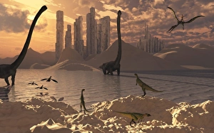 Illustration of an alternate reality where reptoid beings co-existed with the dinosaurs Illustration of an alternate reality where reptoid beings co-existed with the dinosaurs
