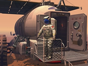 Illustration of an astronaut leaving their Mars rover vehicle to explore the planet's Illustration of an astronaut leaving their Mars rover vehicle to explore the planet's