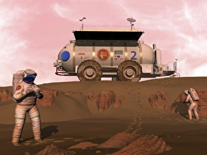 Illustration of astronauts examining an outcrop of sedimentary rock on a Martian Illustration of astronauts examining an outcrop of sedimentary rock on a Martian