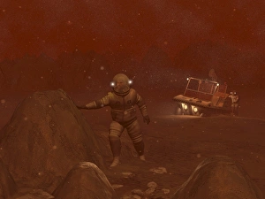 Illustration of astronauts exploring the surface of Saturns moon Titan during a blizzard Illustration of astronauts exploring the surface of Saturns moon Titan during a blizzard