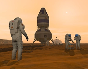 Illustration of astronauts setting up a base on the Martian surface around their Illustration of astronauts setting up a base on the Martian surface around their