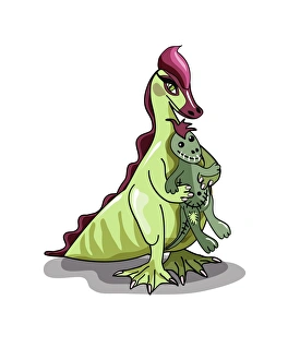 Illustration of a female Hadrosaurus holding a doll Illustration of a female Hadrosaurus holding a doll