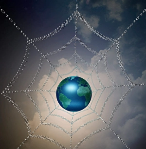 Global Network Connection Prints: Internet represented by web of binary