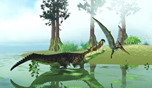 Prehistoric Animal Conflict Prints: Kaprosuchus attacking a Pteranodon