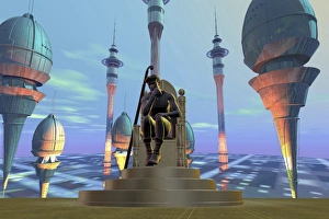 A king sits on his throne on a futuristic world A king sits on his throne on a futuristic world
