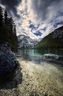 Lake Braies and Dolomite Alps against stormy clouds, Northern Italy Lake Braies and Dolomite Alps against stormy clouds, Northern Italy