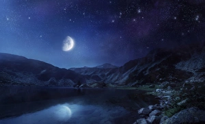 Lake and mountains at night against starry sky, Pirin National Park, Bulgaria Lake and mountains at night against starry sky, Pirin National Park, Bulgaria