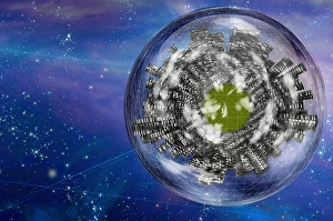 Futuristic Cityscape Prints: Large city ship orbits in space