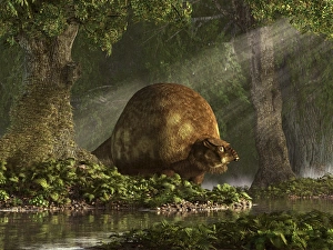 A large Glyptodon stands near the edge of a stream A large Glyptodon stands near the edge of a stream