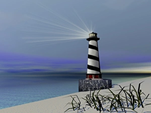 Lighthouse At Dusk Prints: A lighthouse sends out a light to warn vessels