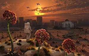 The lone figure of an astronaut explorer stands out in an alien landscape The lone figure of an astronaut explorer stands out in an alien landscape
