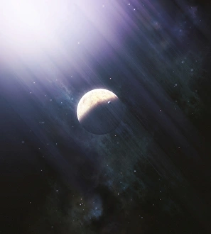 A lonely planet and its moon float quietly within the bright blue rays of its blue A lonely planet and its moon float quietly within the bright blue rays of its blue