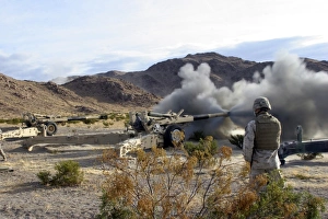 An M198 Howitzer fires a 155-millimeter rocket assisted projectile An M198 Howitzer fires a 155-millimeter rocket assisted projectile
