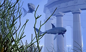 Two Mako sharks swim by an underwater greek temple Two Mako sharks swim by an underwater greek temple