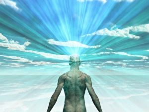 Brainstorming Ideas Prints: Man covered in text with light radiating from mind