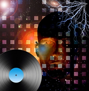 Vintage Music Equipment Prints: Man with record and space