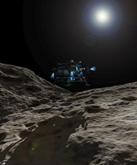 A manned Asteroid Lander approaches the desolate surface of an asteroid A manned Asteroid Lander approaches the desolate surface of an asteroid