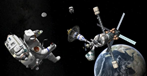 A Mars cycler travels by the Earth while two astronauts watch from afar A Mars cycler travels by the Earth while two astronauts watch from afar