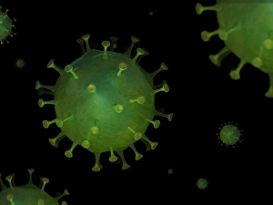 Medical Microbiology Prints: Microscopic viruses floating in an environment
