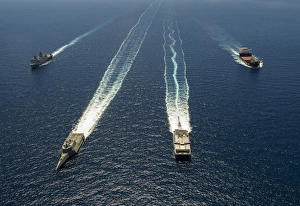 Military ships in formation off the coast of Southern California Military ships in formation off the coast of Southern California