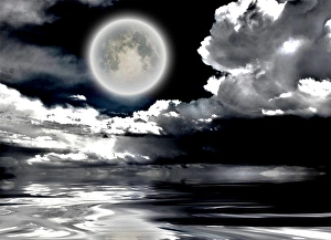 Dramatic Cloudscape Prints: Full moon. Dramatic clouds reflected in calm wat