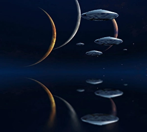 Futuristic Space Art Prints: Three moons and spaceships in blue deep space
