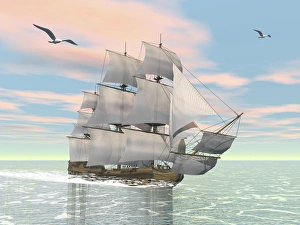 Old merchant ship sailing in the ocean with seagulls above Old merchant ship sailing in the ocean with seagulls above