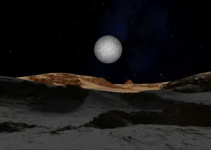 Pluto Surface Print with Charon in the Sky