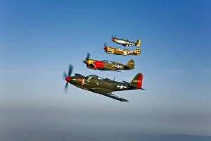 A P-36 Kingcobra, two Curtiss P-40N Warhawks, and a P-51D Mustang in flight A P-36 Kingcobra, two Curtiss P-40N Warhawks, and a P-51D Mustang in flight