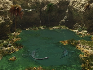 A pair of Elasmosaurus engage in a swimming courtship dance A pair of Elasmosaurus engage in a swimming courtship dance