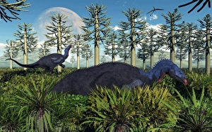 A pair of herbivorous Camptosaurus dinosaurs grazing A pair of herbivorous Camptosaurus dinosaurs grazing