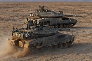 A pair of Israel Defense Force Merkava Mark IV main battle tanks A pair of Israel Defense Force Merkava Mark IV main battle tanks