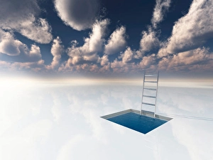 Cloudy Sky Background Image Prints: Pool with ladder on white surface with cloudy sky
