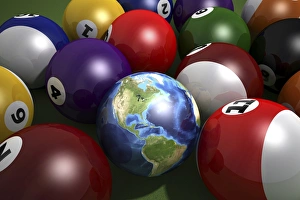 Global Warming Symbol Prints: Pool table with balls and one of them as planet Earth
