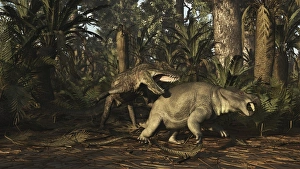 Postosuchus attacking a dicynodont in a Triassic forest Postosuchus attacking a dicynodont in a Triassic forest