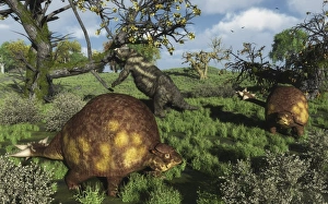 Prehistoric glyptodonts graze on grassy plains. An Eremotherium is in the background Prehistoric glyptodonts graze on grassy plains. An Eremotherium is in the background