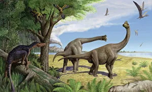 A raptor stalks a pair of grazing Europasaurus holgeri dinosaurs A raptor stalks a pair of grazing Europasaurus holgeri dinosaurs