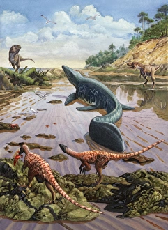 Raptors attack a vulnerable Mosasaurus that remained aground at low tide Raptors attack a vulnerable Mosasaurus that remained aground at low tide