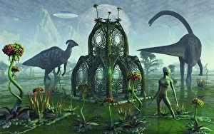 A reptoid alien colonist at work on a prehistoric Earth with dinosaurs A reptoid alien colonist at work on a prehistoric Earth with dinosaurs