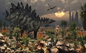 A reptoid being and a Stegosaurus communicate using telepathy A reptoid being and a Stegosaurus communicate using telepathy