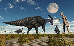 A reptoid using telepathy to communicate with a Parasaurolophus dinosaur A reptoid using telepathy to communicate with a Parasaurolophus dinosaur
