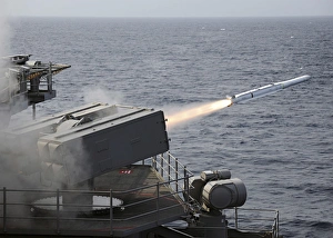 A RIM-7 Sea Sparrow surface missile is launched from the aircraft carrier USS George H A RIM-7 Sea Sparrow surface missile is launched from the aircraft carrier USS George H