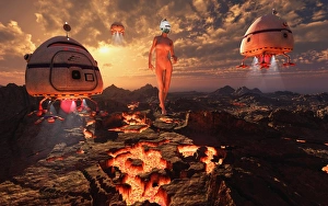 Robots and other machines mining on a volcnaic planet Robots and other machines mining on a volcnaic planet