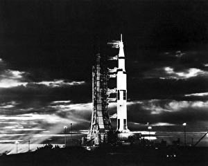 Searchlights illuminate this nighttime view of Apollo 17 spacecraft on its launchpad Searchlights illuminate this nighttime view of Apollo 17 spacecraft on its launchpad
