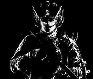 Black And White Military Image Prints: Serviceman equipped with modern weapons
