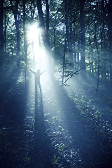 Silhouette of a man standing in the misty rays of a dark forest, Denmark Silhouette of a man standing in the misty rays of a dark forest, Denmark