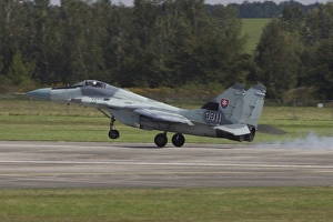 A Slovak Air Force MiG-29AS Fulcrum landing on the runway A Slovak Air Force MiG-29AS Fulcrum landing on the runway