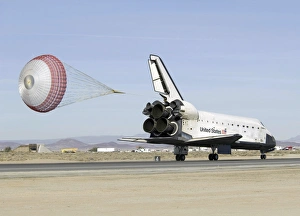 Dryden Flight Research Center Prints: Space Shuttle Endeavour with its drag chute deployed